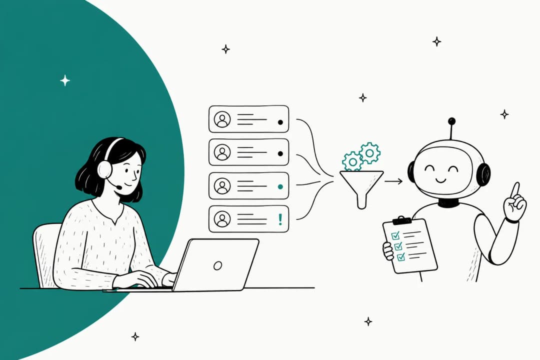 A support agent at a laptop, tickets flowing through a filter into an AI assistant holding a checklist
