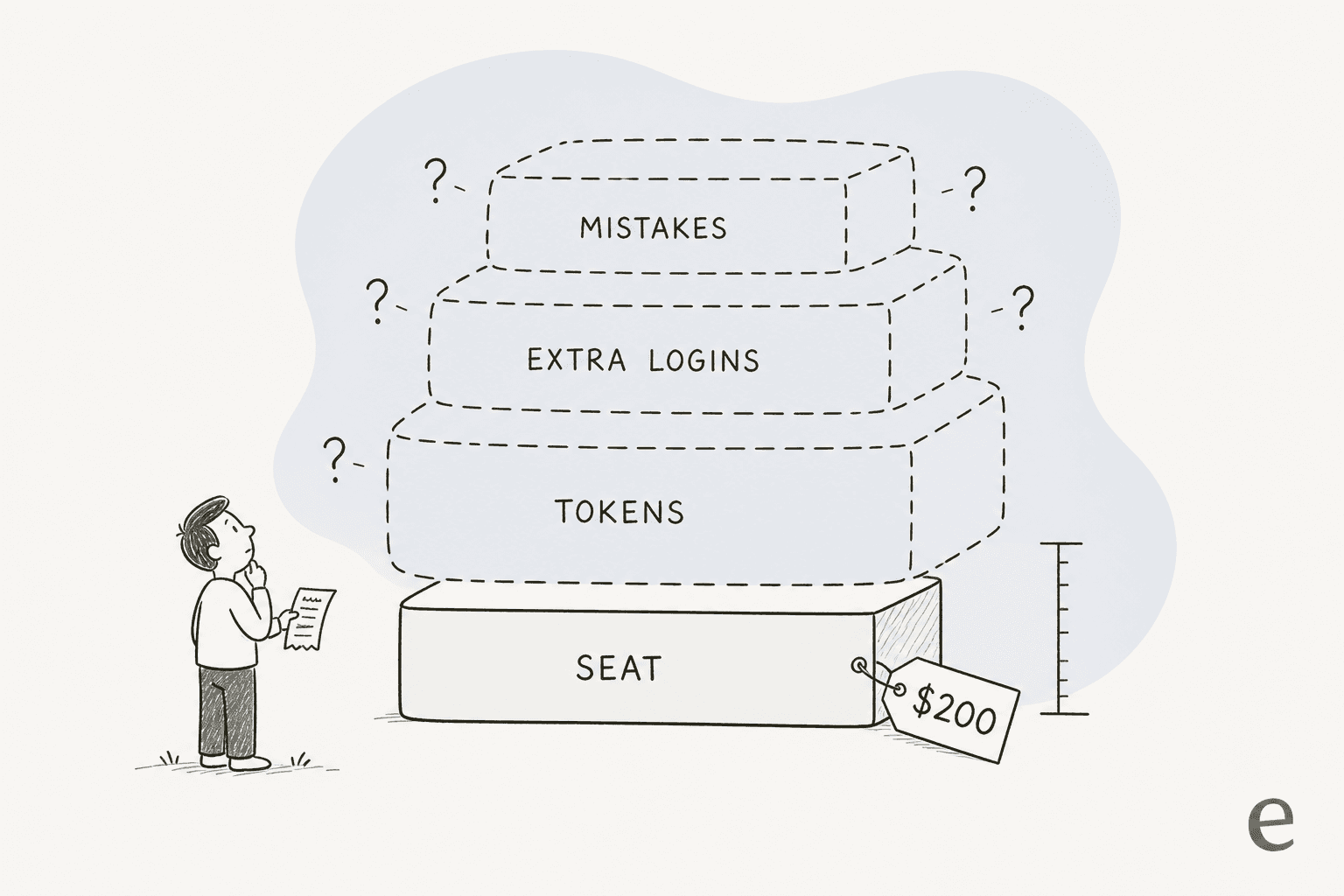 Illustration of a cost stack: a small measured SEAT slab at the bottom with a price tag, and three larger dashed slabs above it labelled tokens, extra logins and mistakes