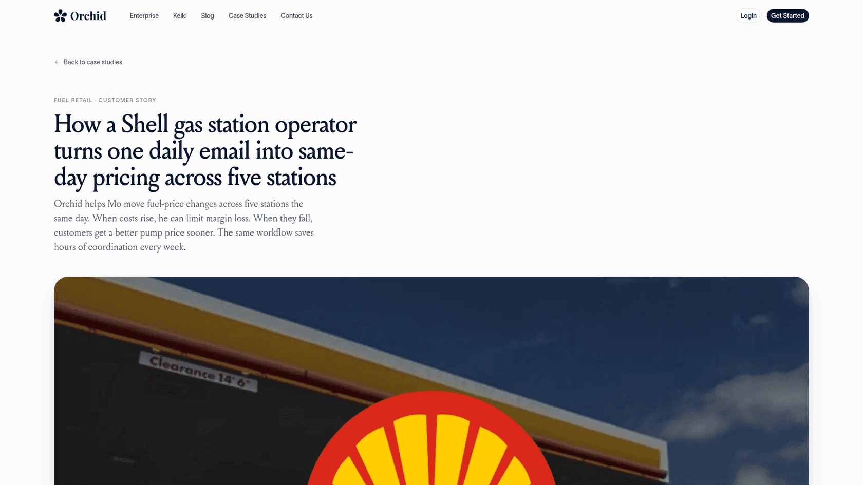 Orchid's customer story headlined "How a Shell gas station operator turns one daily email into same-day pricing across five stations," as captured from orchid.ai