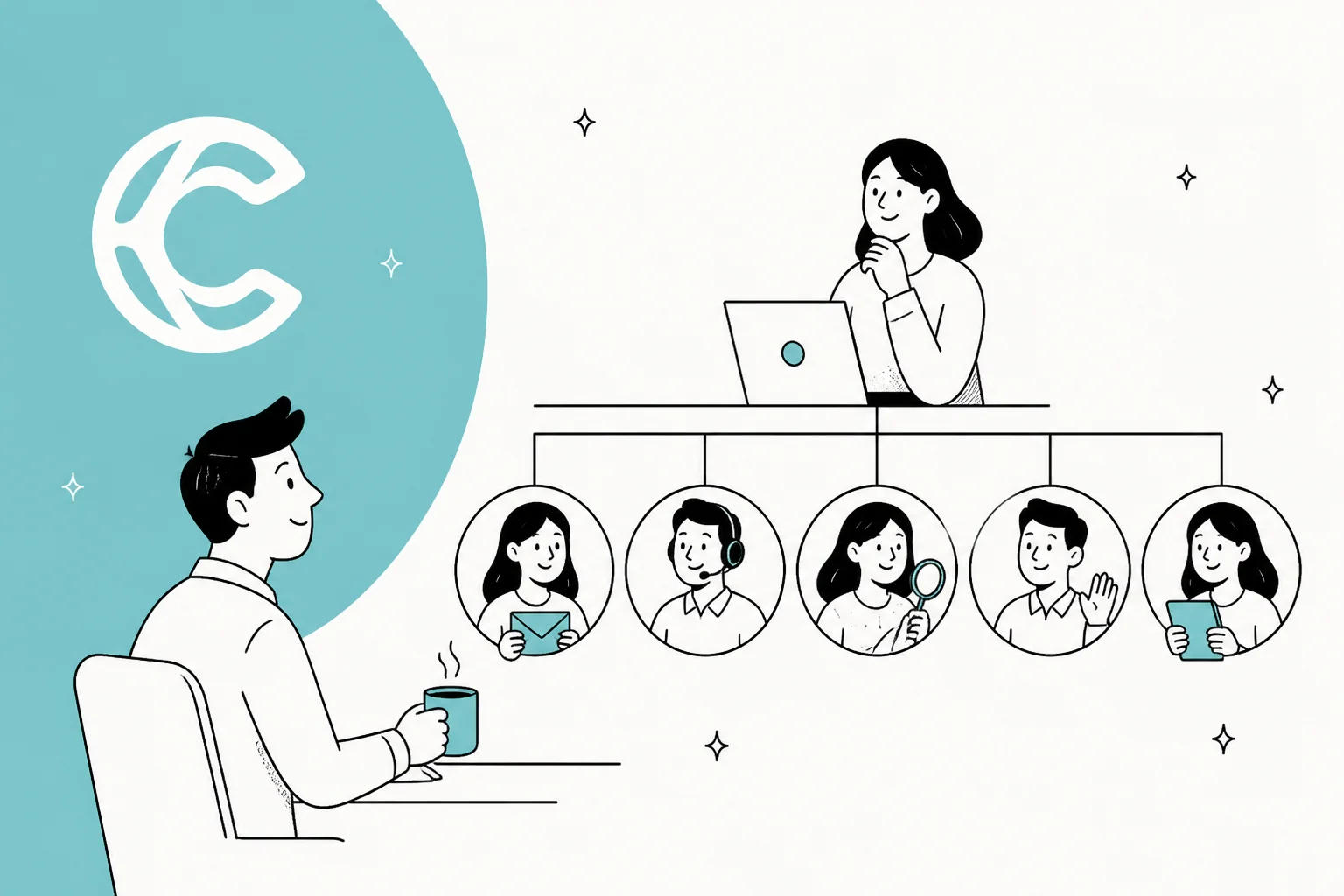 Hand-drawn illustration of a manager reviewing an org chart of AI employees, with the CellCog mark on a teal background