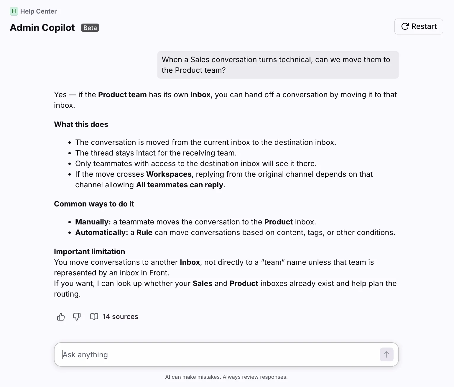 Front's Admin Copilot beta answering a routing question about moving conversations between inboxes, citing fourteen sources, as taken from Front
