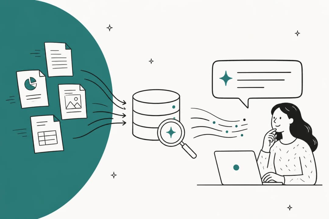 Illustrated banner showing company documents flowing into a retrieval index that answers a question in plain language