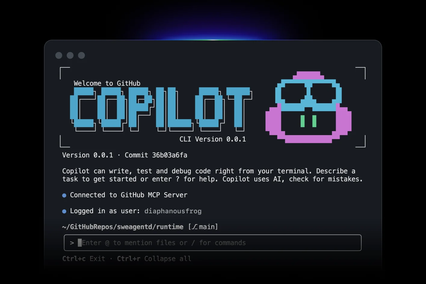 GitHub Copilot CLI welcome screen in a terminal, connected and signed in, as taken from GitHub's docs