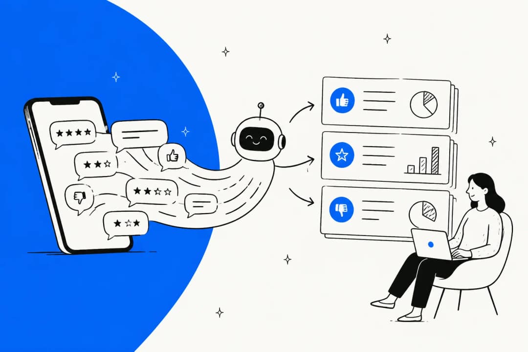 Hand-drawn illustration of star ratings and thumbs flowing from a phone through a friendly bot into sorted feedback cards, watched by a team member on a laptop