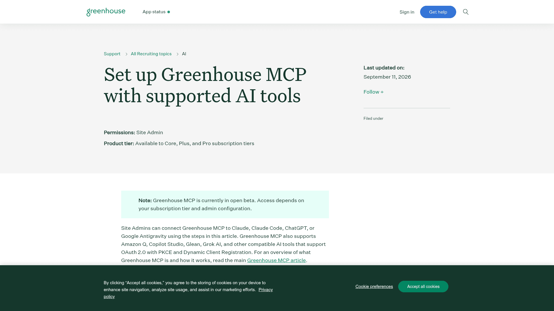 Greenhouse's help article on setting up Greenhouse MCP, listing Site Admin permissions and Core, Plus, and Pro tiers, with an open beta note, as taken from Greenhouse