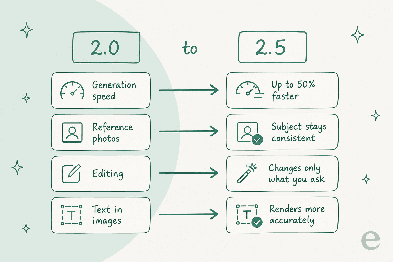 What changed from Images 2.0 to 2.5: faster generation, consistent subjects, targeted editing, and more accurate text