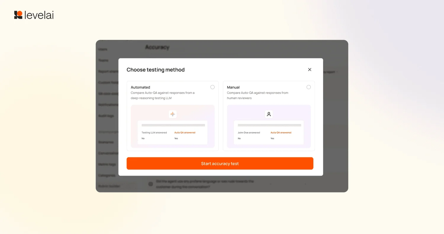Level AI AutoEval "Choose testing method" screen offering Automated testing against a deep-reasoning LLM or Manual testing against human reviewers, as shown in Level AI's Q1 2026 release notes