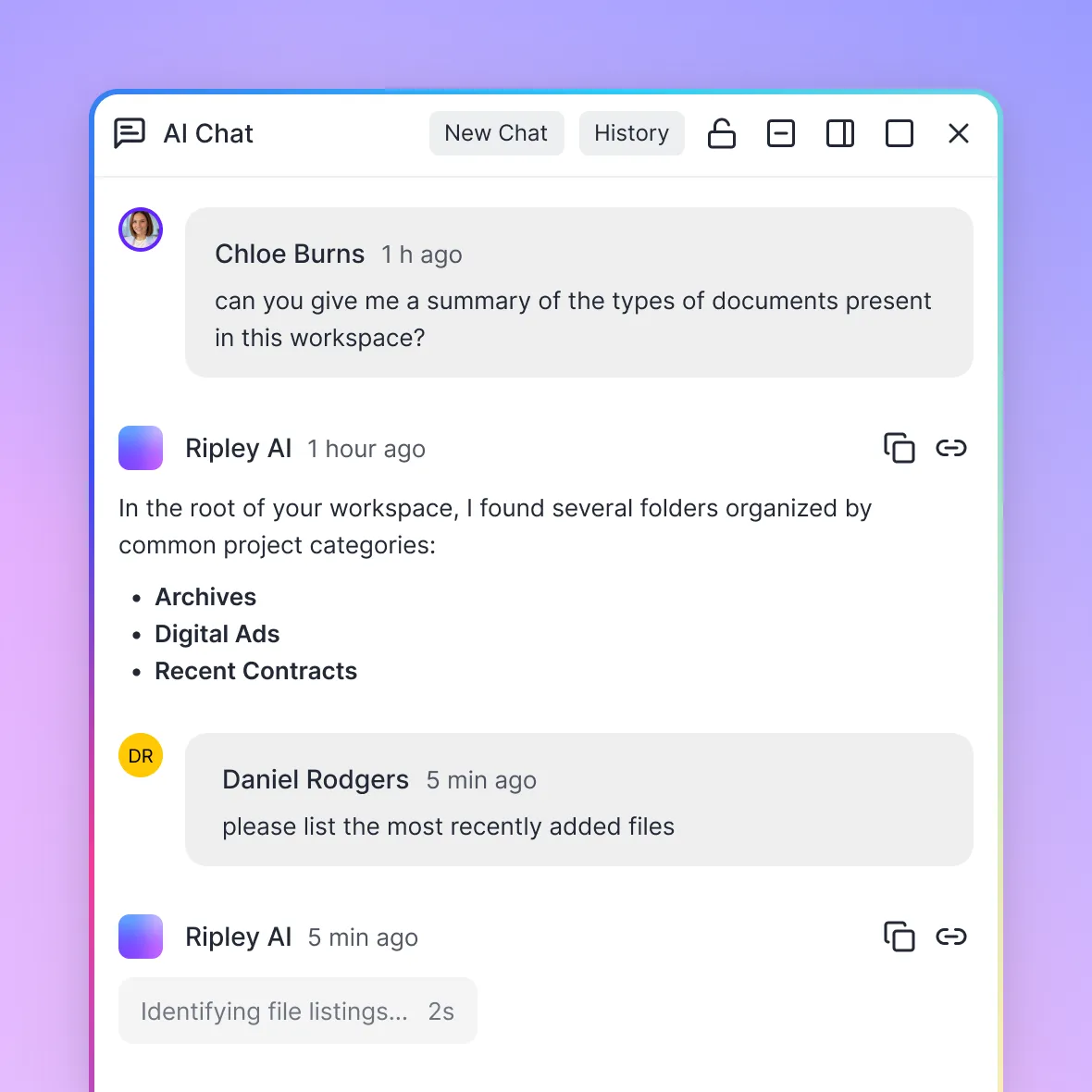 Fast.io's Ripley AI chat panel answering a question about the document types in a workspace, as taken from Fast.io