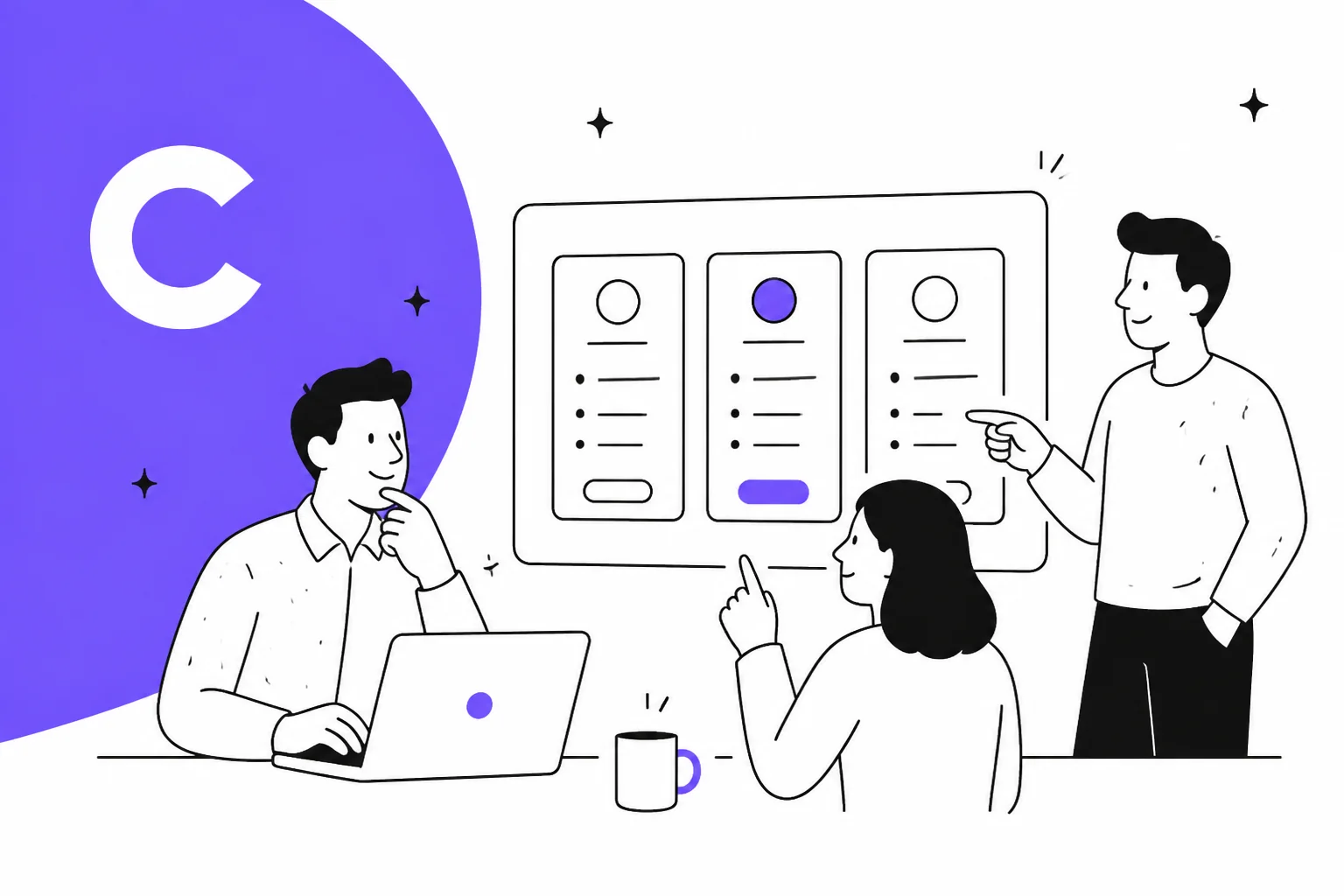 Illustration of three people comparing pricing plan cards on a screen, with the ClearFeed mark on a purple background