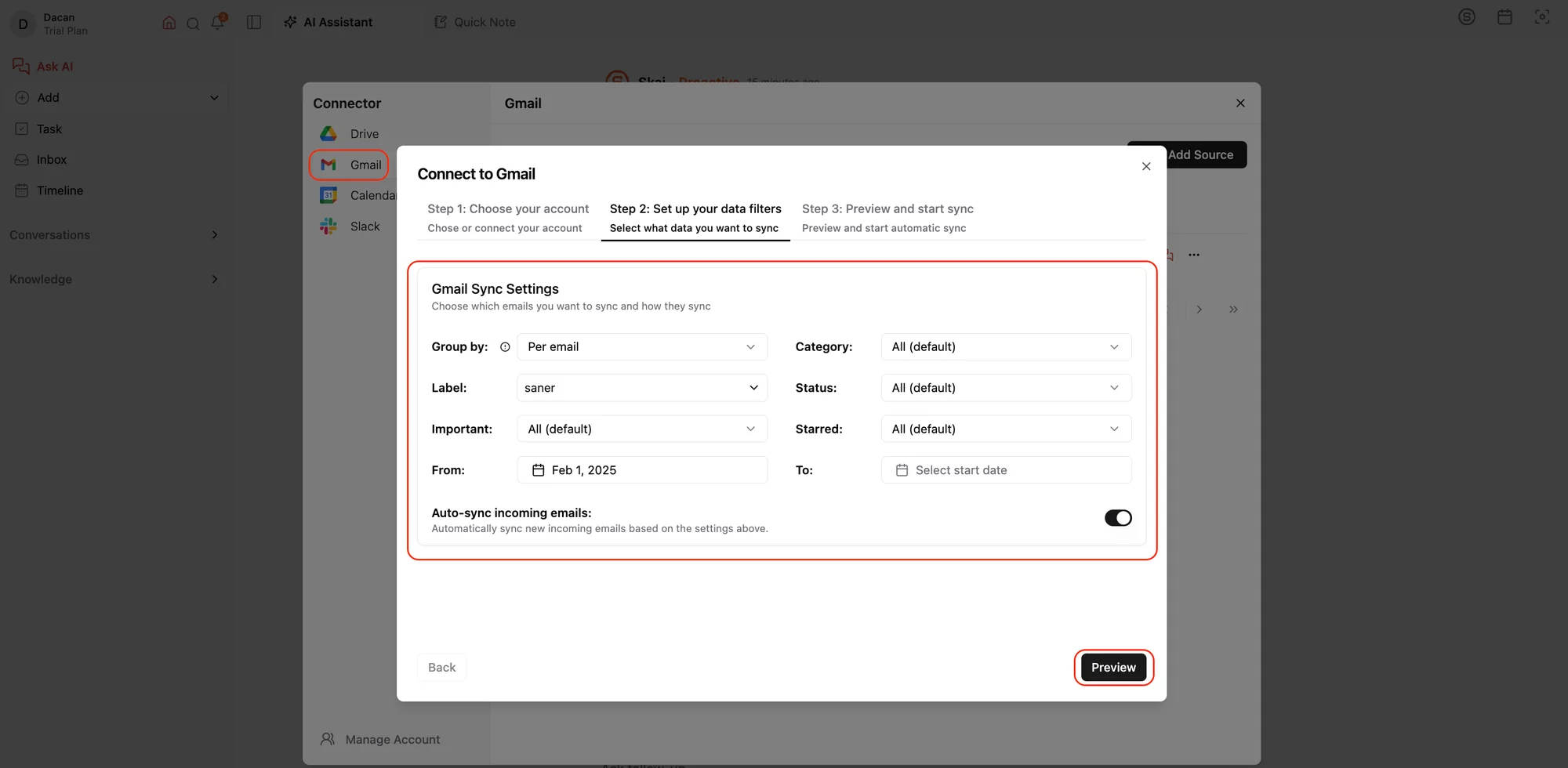 Saner.AI's Connect to Gmail flow at step two, showing sync settings filtered to the label named saner, as taken from Saner.AI