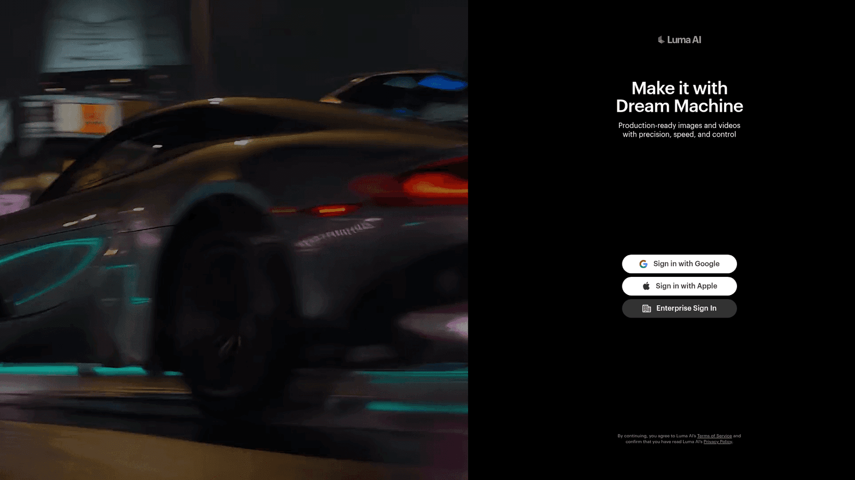 The Luma Dream Machine sign-in screen for its production-ready image and video model, as taken from Luma AI