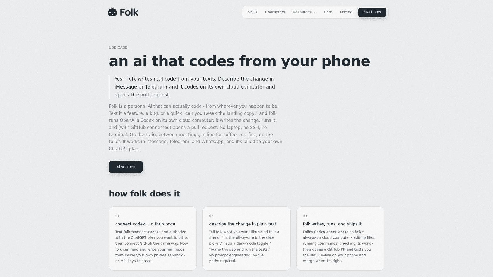 folk's coding use case page headlined "an ai that codes from your phone," with three steps: connect Codex and GitHub once, describe the change in plain text, and folk writes, runs and ships it, as taken from folk.com