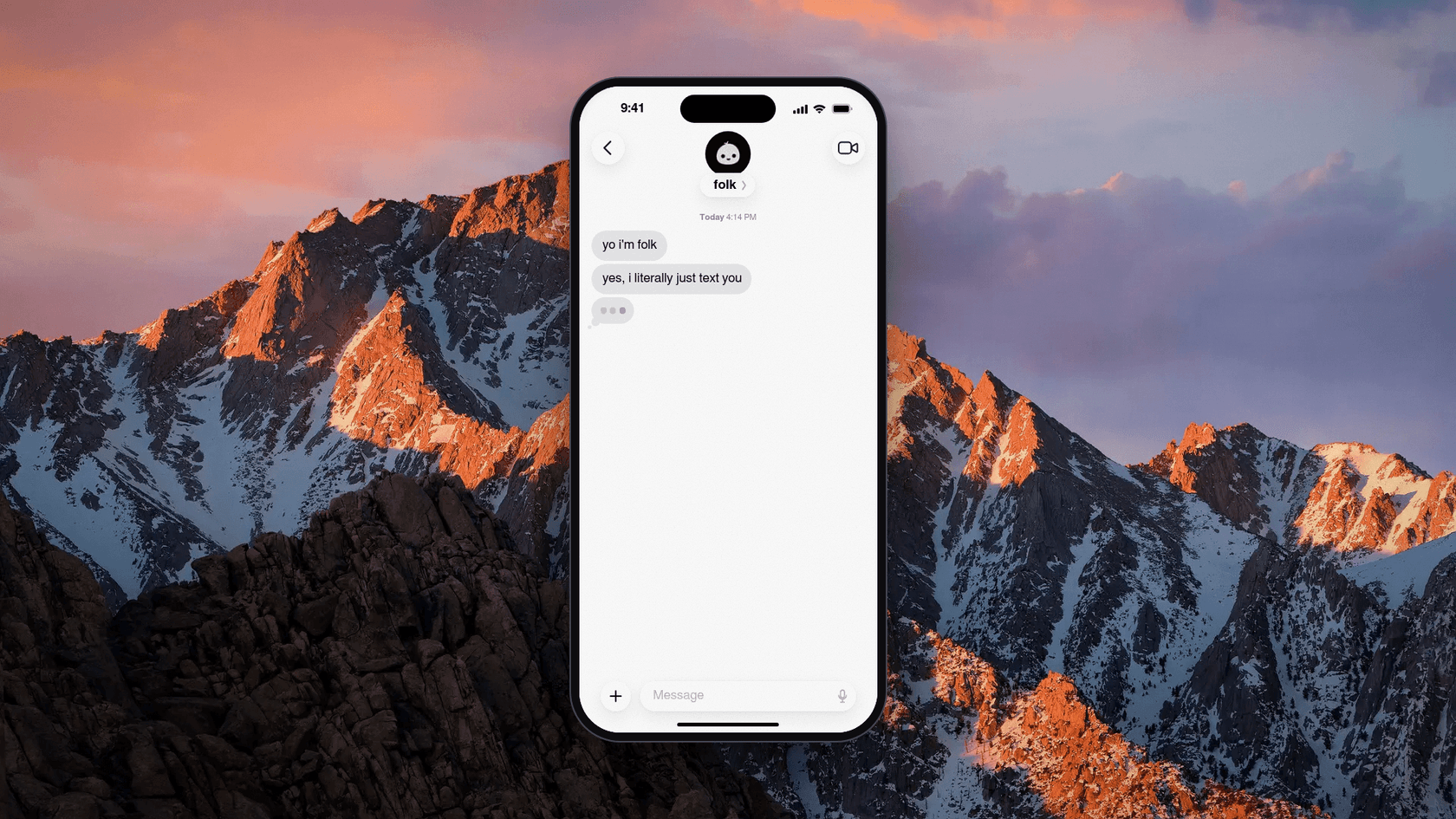 Folk's homepage showing a phone with an iMessage thread where folk says "yo i'm folk" and "yes, i literally just text you," set against a mountain backdrop, as captured from folk.com