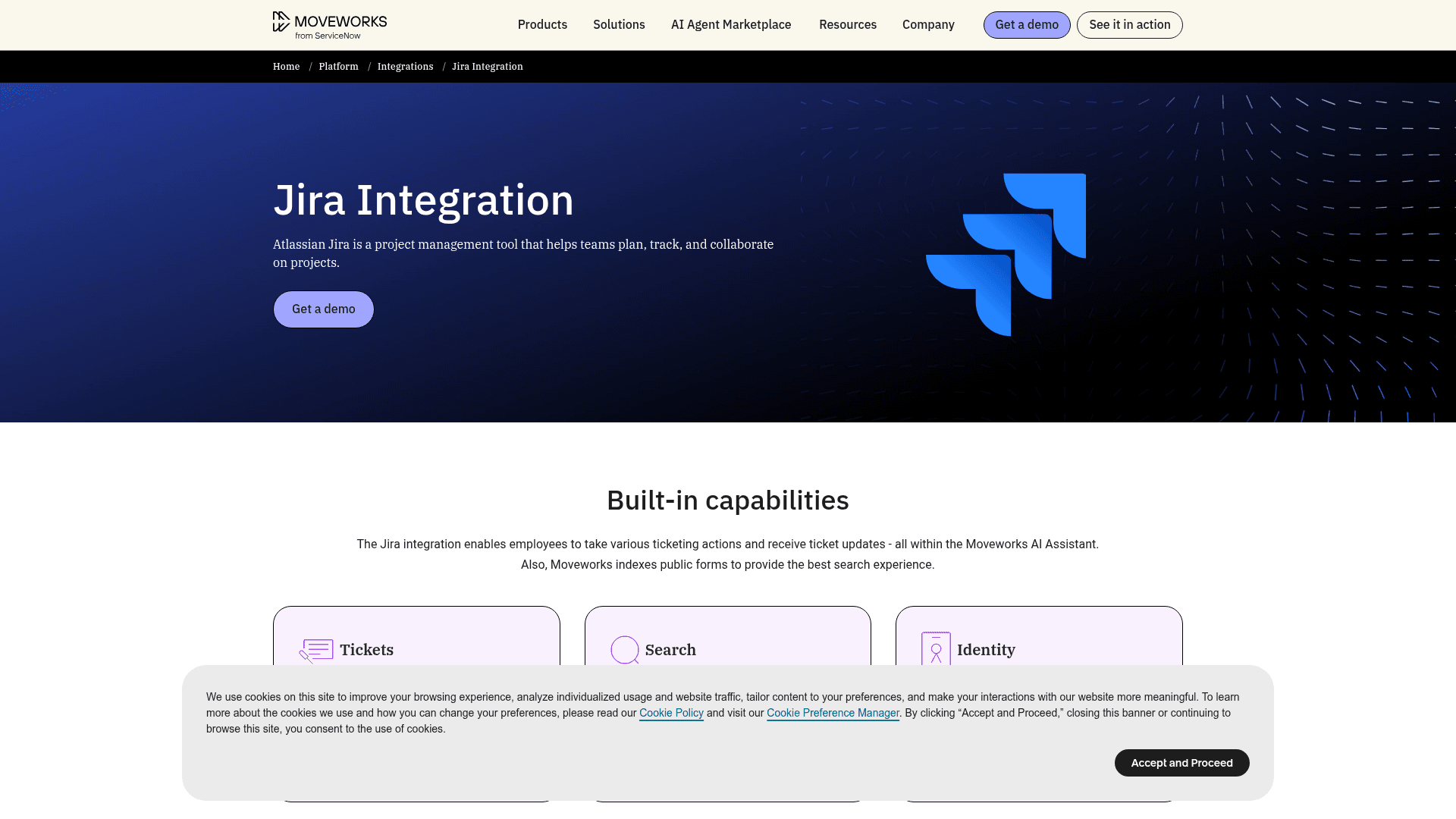 Moveworks' Jira integration page listing built-in capabilities for tickets, search and identity