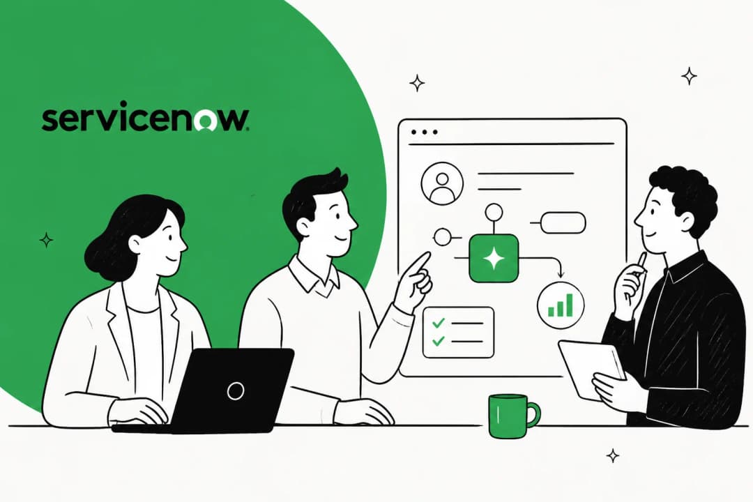 ServiceNow illustration of three people reviewing a workflow on a screen