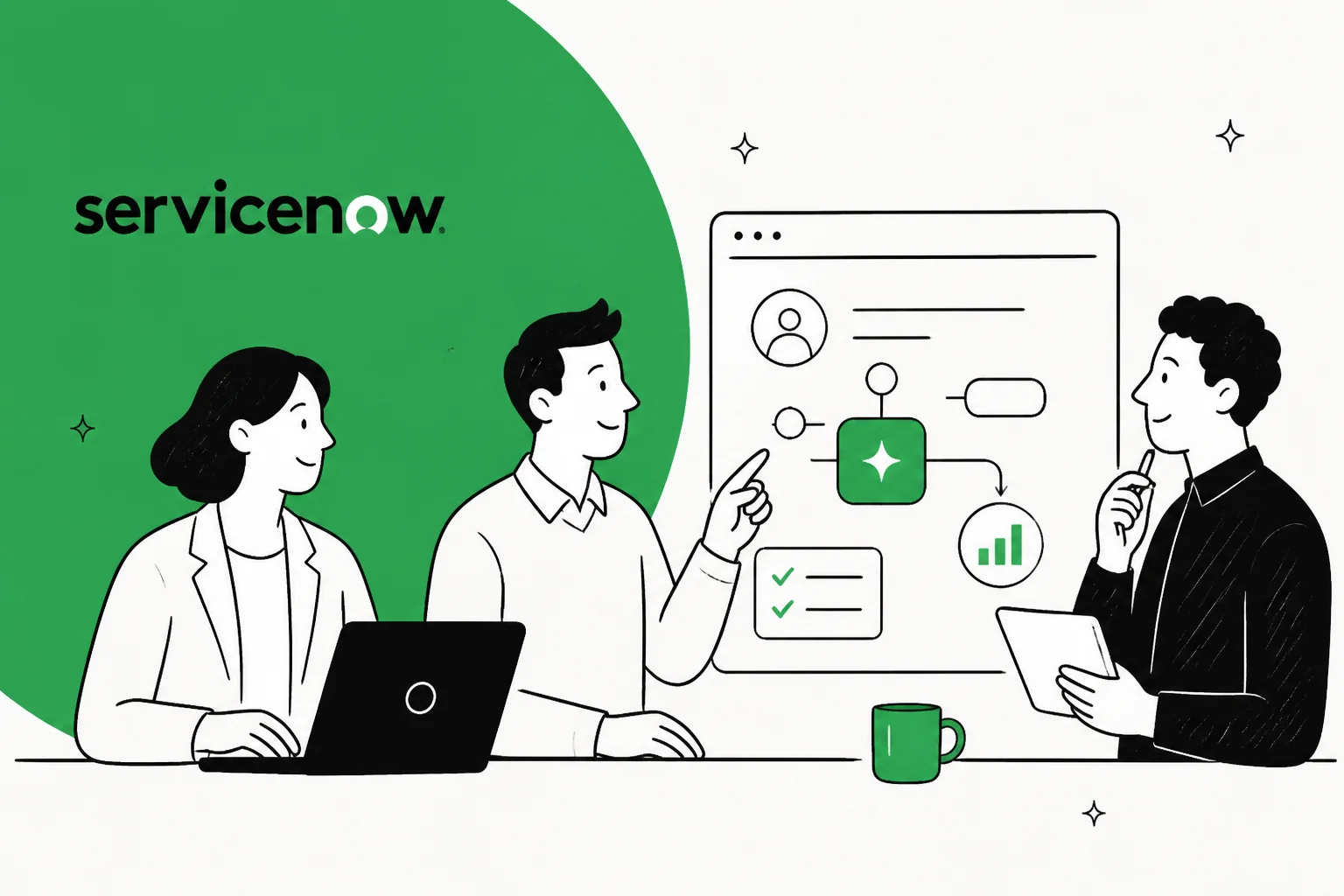ServiceNow illustration of three people reviewing a workflow on a screen
