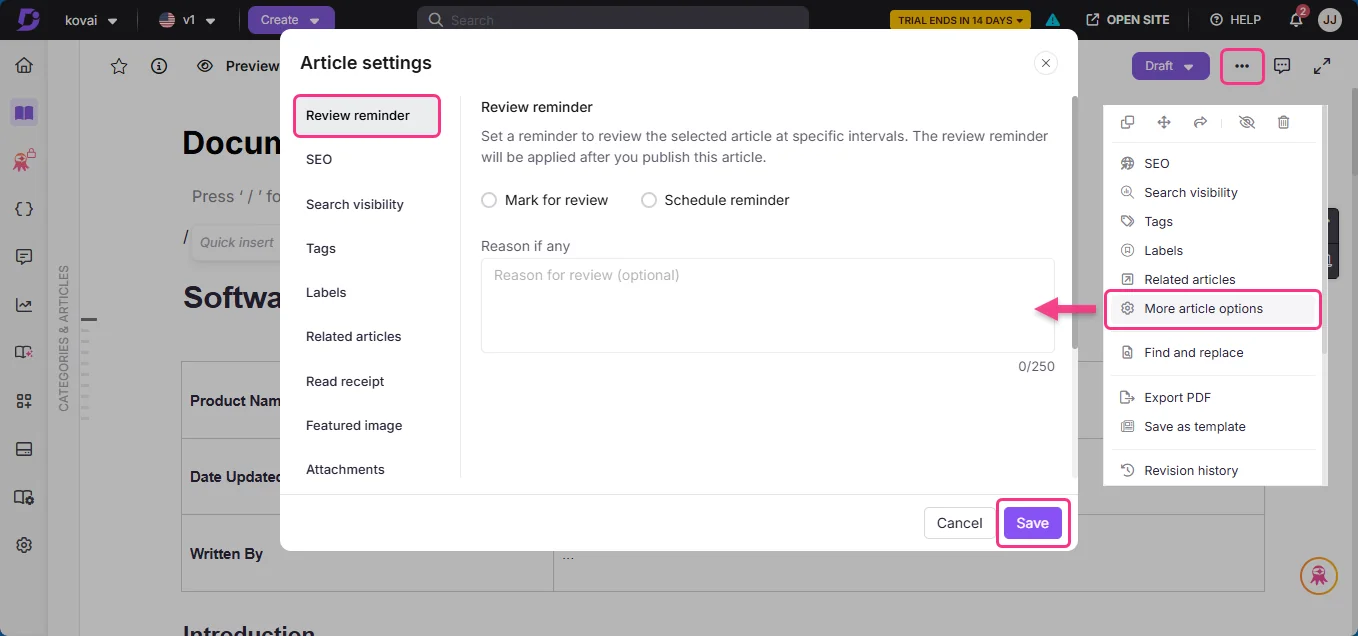 Document360 article settings showing a scheduled review reminder
