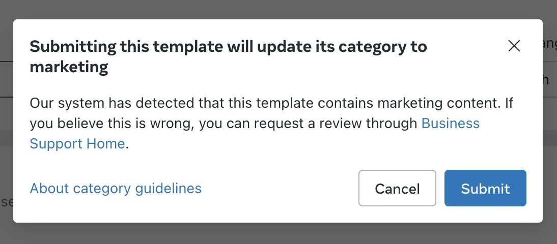 WhatsApp Manager dialog warning that submitting the template will update its category to marketing, as taken from Meta for Developers