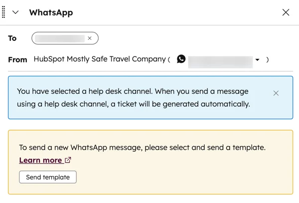 HubSpot's WhatsApp composer on a help desk channel, noting that a ticket is generated automatically and that a new WhatsApp message needs an approved template, as taken from HubSpot's knowledge base