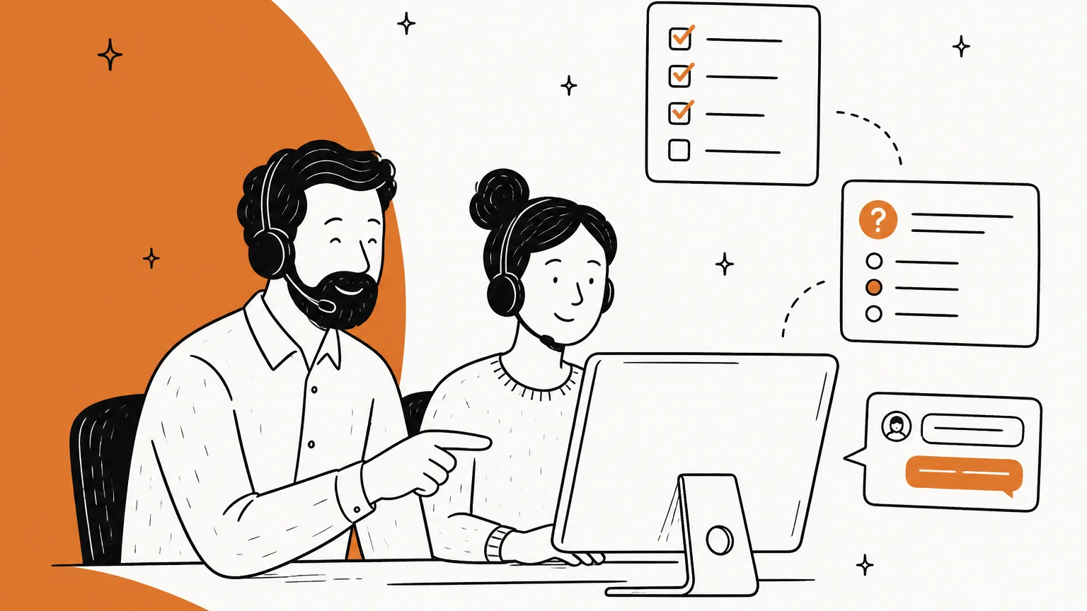 Hand-drawn illustration of a senior support agent pointing at a helpdesk screen beside a new hire, with a course checklist, a quiz card and a practice chat bubble floating nearby