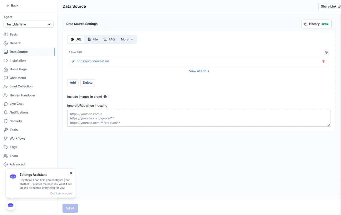 The Wonderchat agent settings sidebar and Data Source panel showing URL, File and FAQ tabs with a root URL configured, as taken from Wonderchat's G2 profile