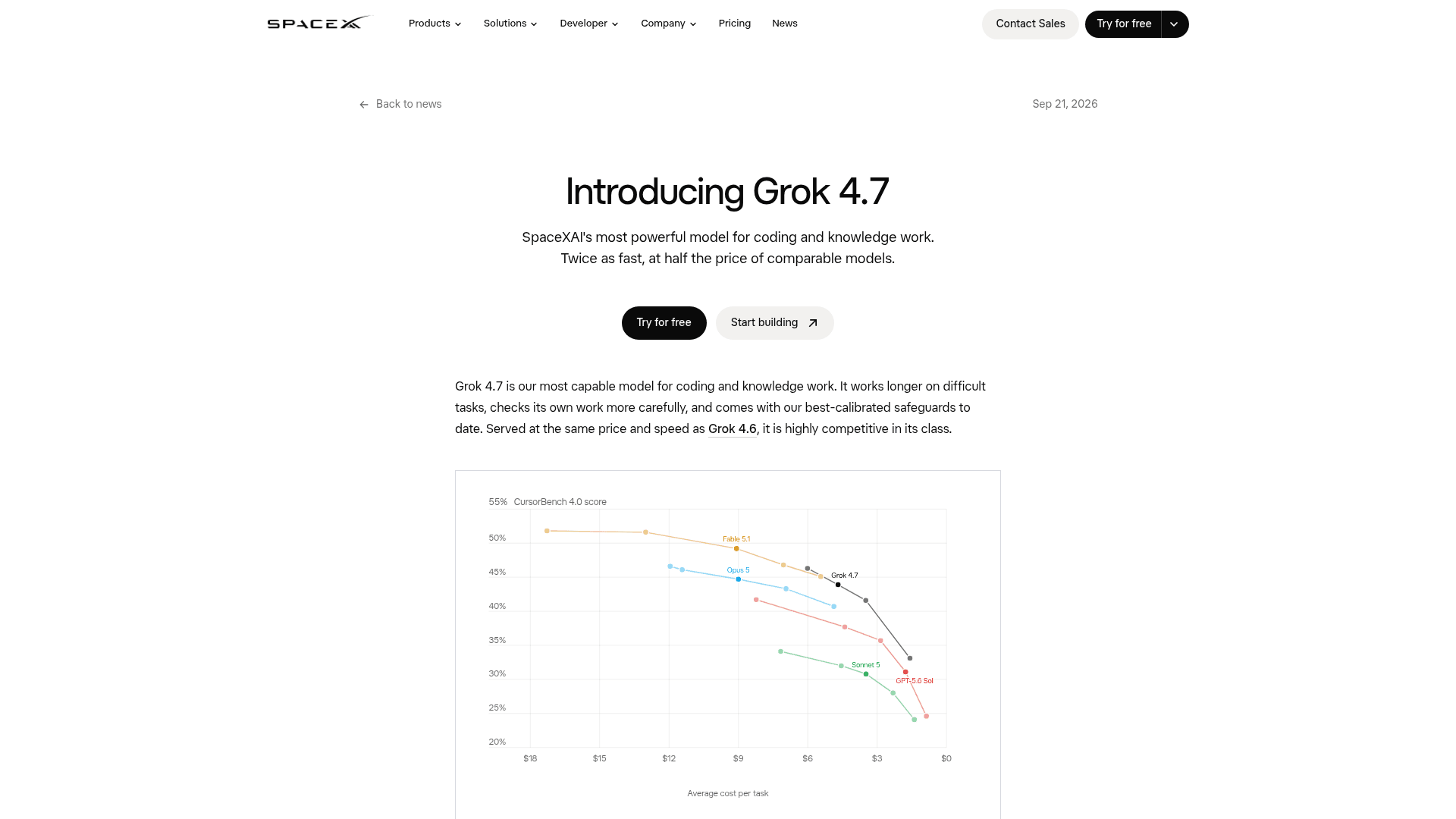 xAI's Grok 4.7 launch page with the price-performance chart showing the model at the frontier, as taken from xAI