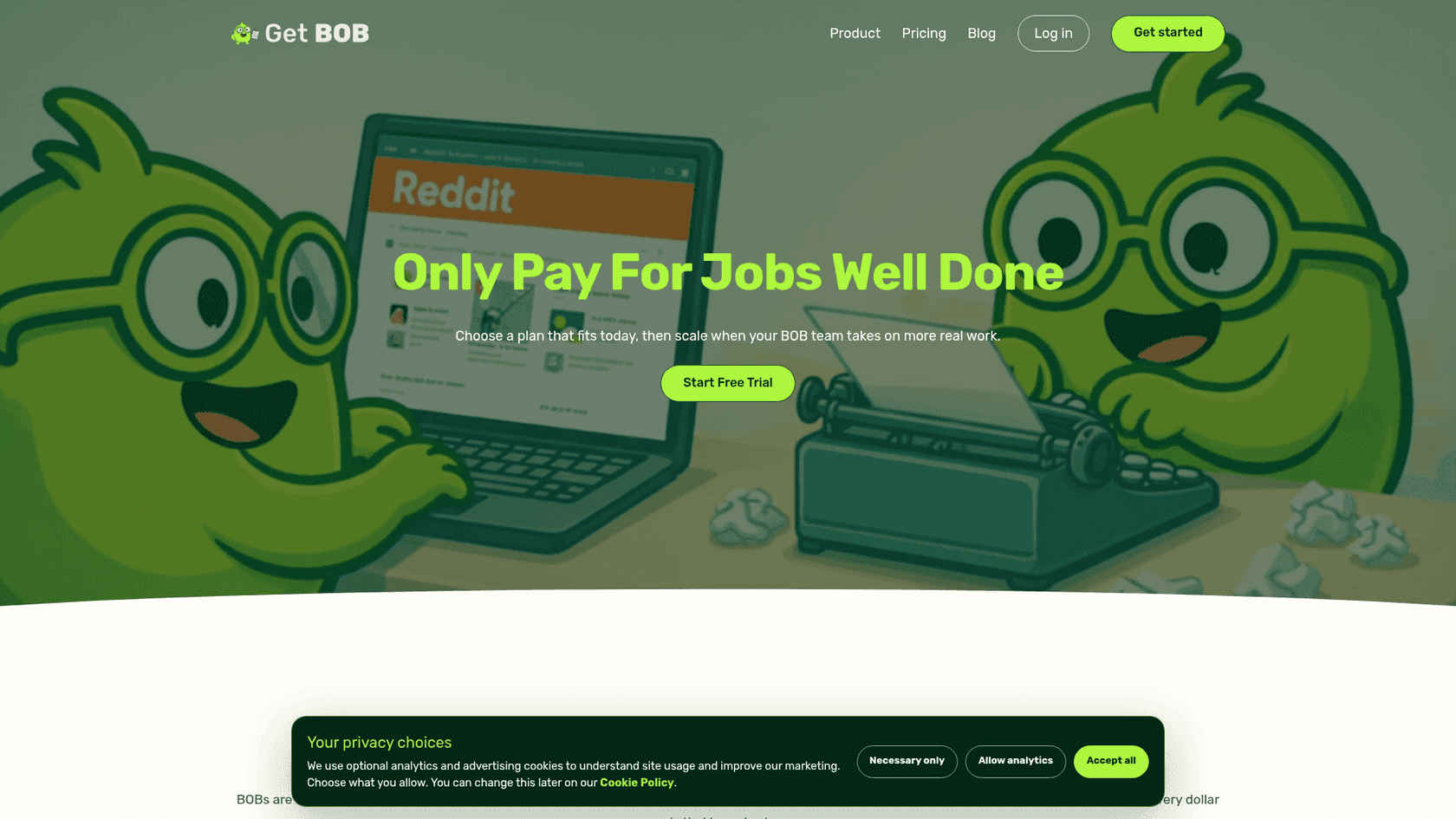 Get BOB pricing page showing the Only Pay For Jobs Well Done headline in lime green over its cartoon mascots, as taken from Get BOB