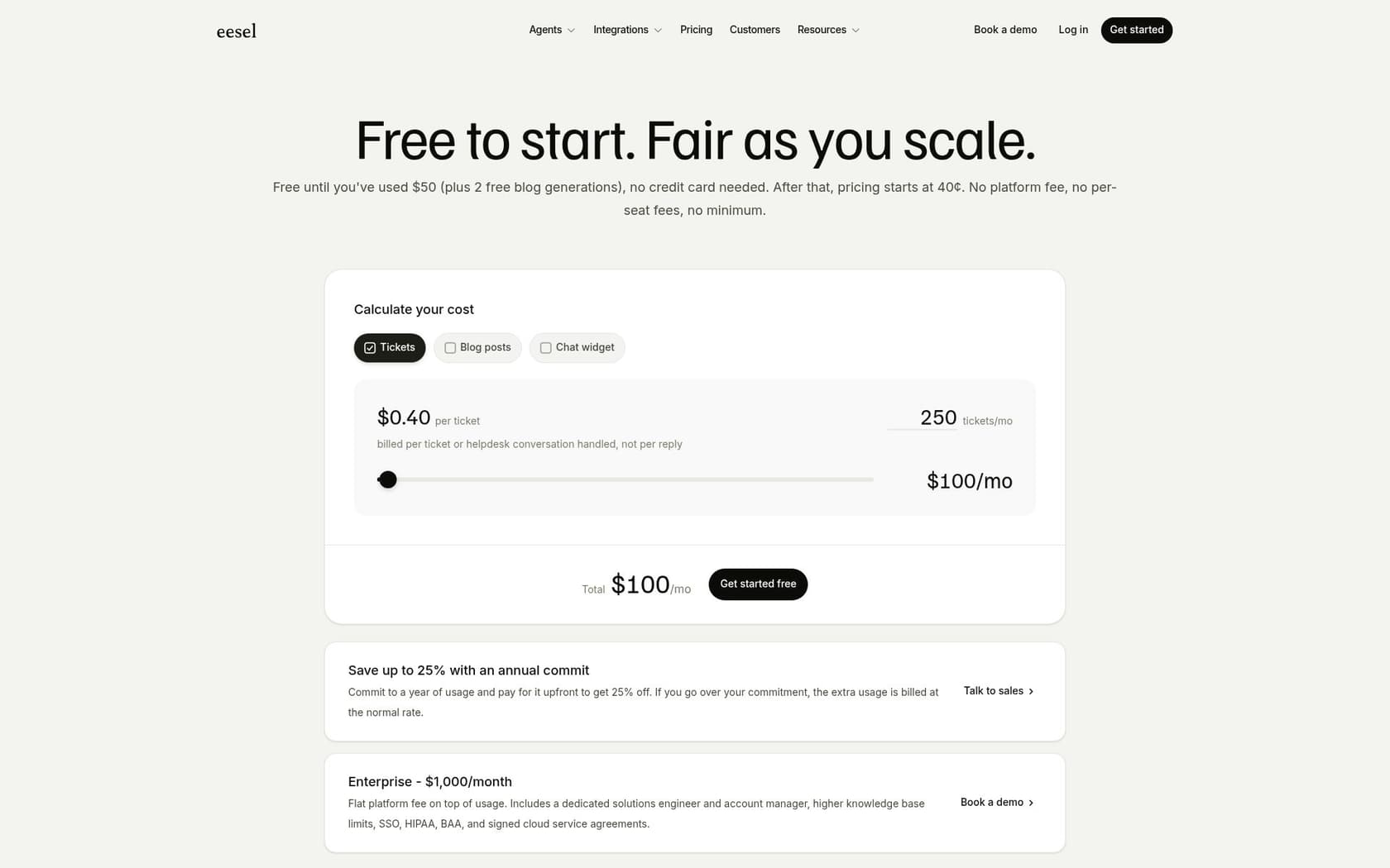 The eesel AI pricing page, showing a usage-based rate of 40 cents per ticket handled with no platform or per-seat fees