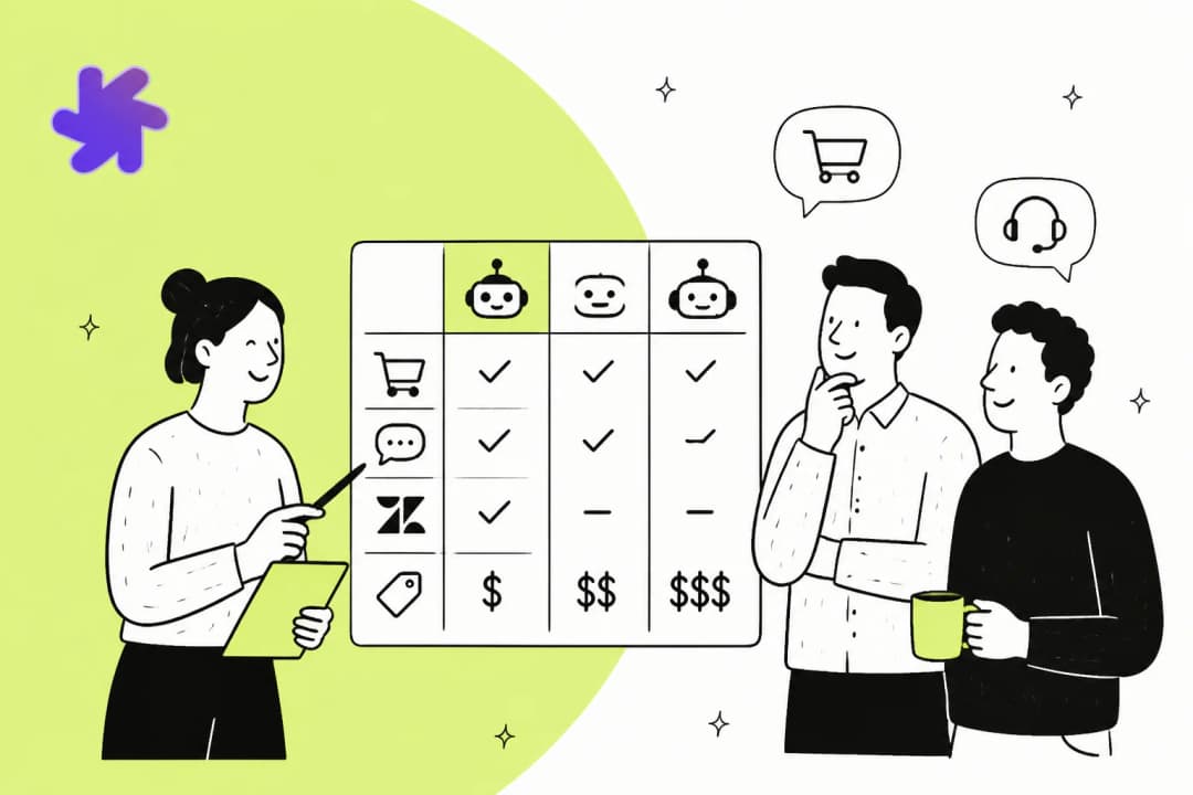Illustration of a support team comparing AI agent tools on a feature and pricing matrix