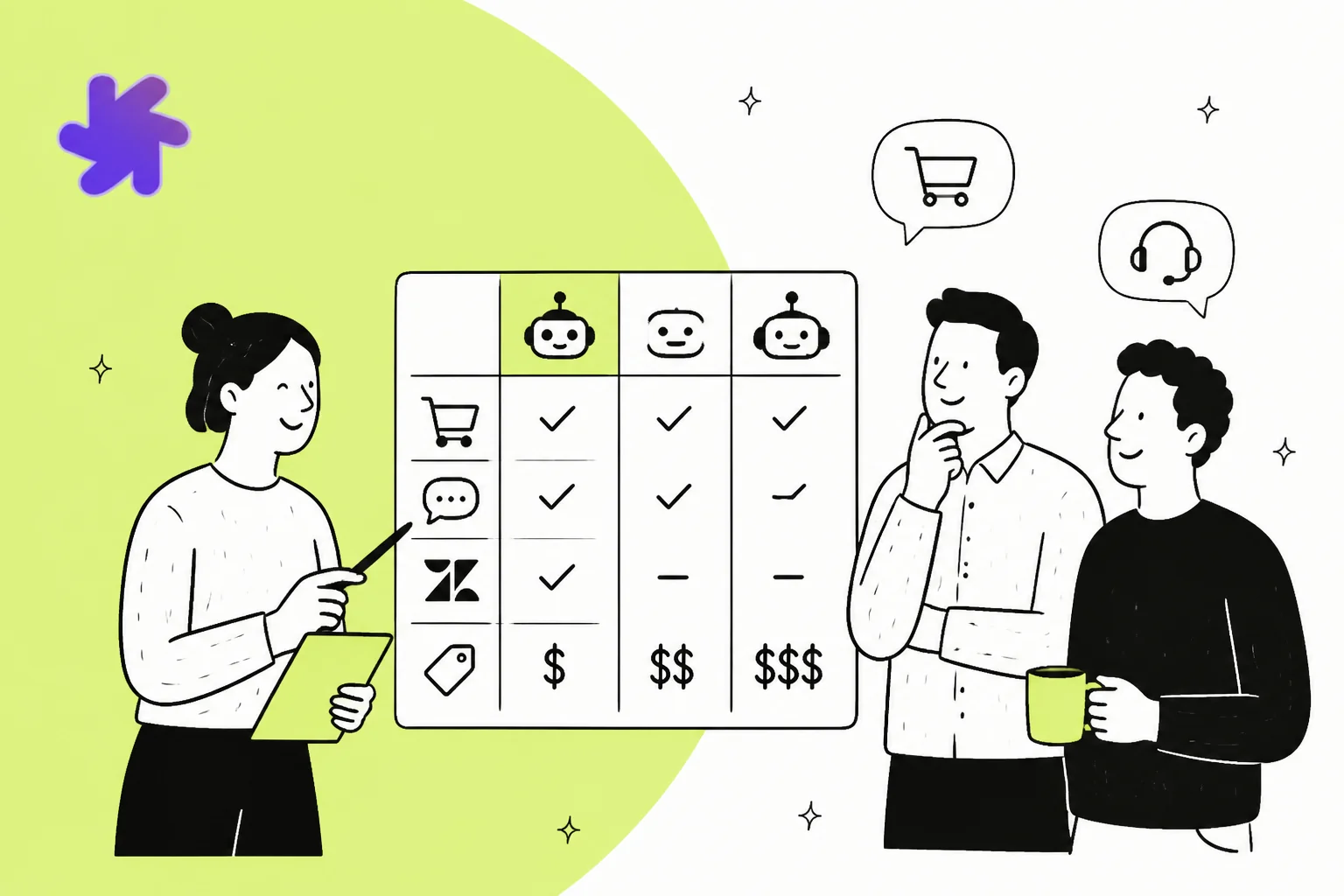 Illustration of a support team comparing AI agent tools on a feature and pricing matrix