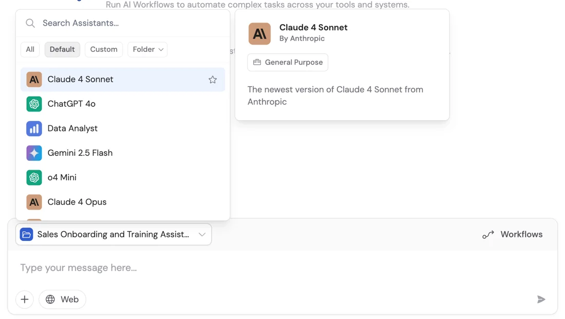 Cassidy's model picker open in a chat, listing Claude 4 Sonnet, ChatGPT 4o, Data Analyst, Gemini 2.5 Flash, o4 Mini and Claude 4 Opus with a description panel, as taken from Cassidy's docs