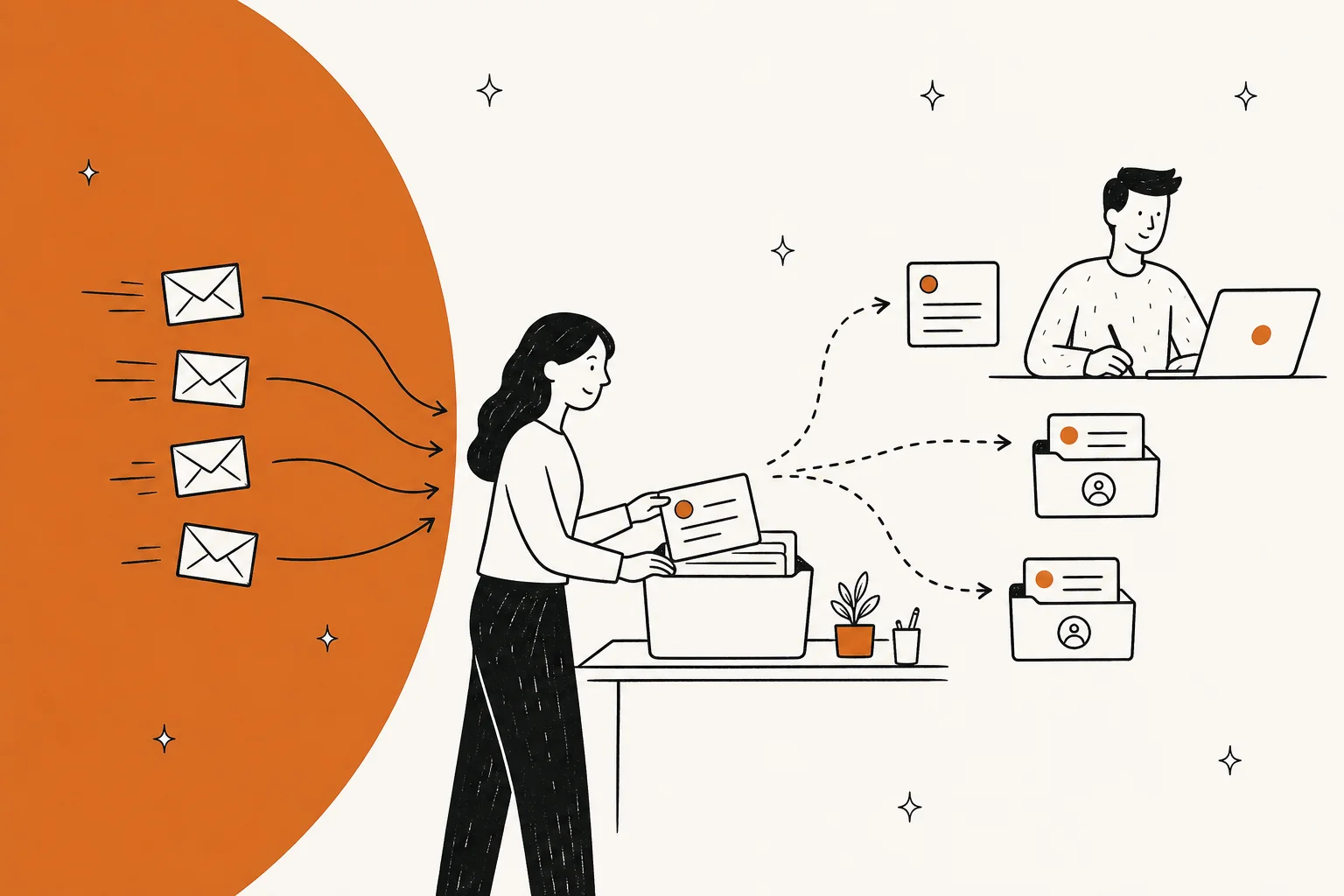 Illustration of a support inbox where incoming email tickets are sorted, drafted, and routed automatically