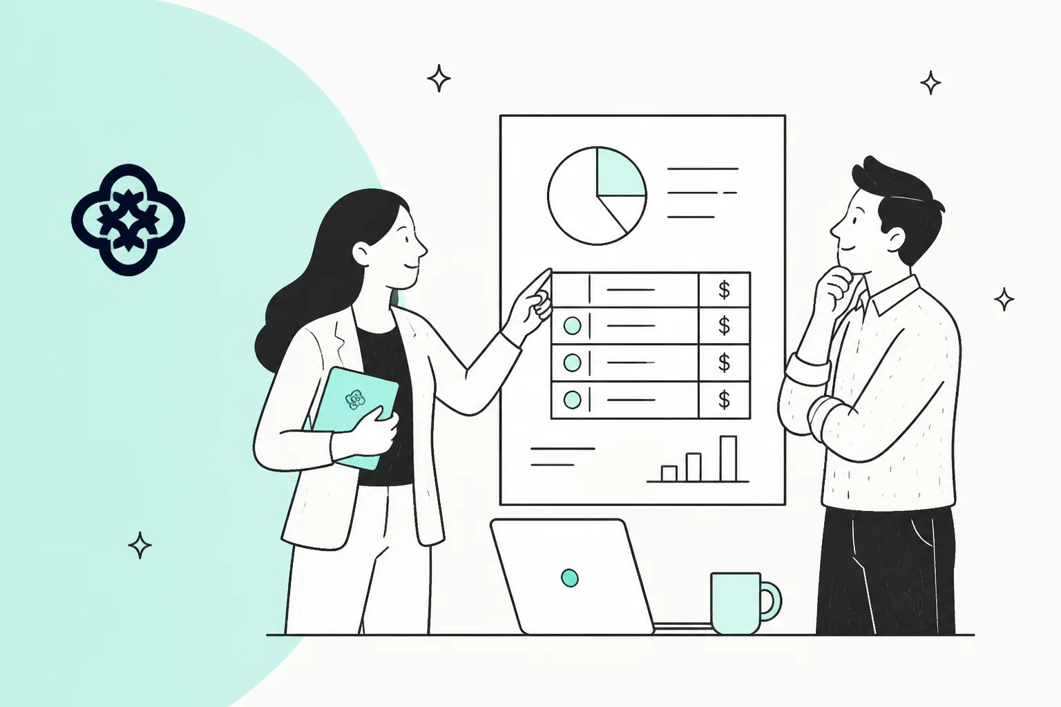 Thareja AI pricing breakdown illustration in teal and off-white