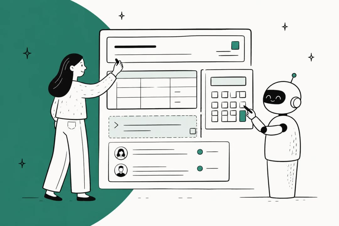 Hand-drawn illustration of a person and a friendly robot editing one shared page made of a table, a calculator block, a prompt block, and comments