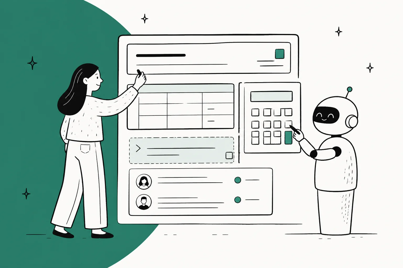 Hand-drawn illustration of a person and a friendly robot editing one shared page made of a table, a calculator block, a prompt block, and comments