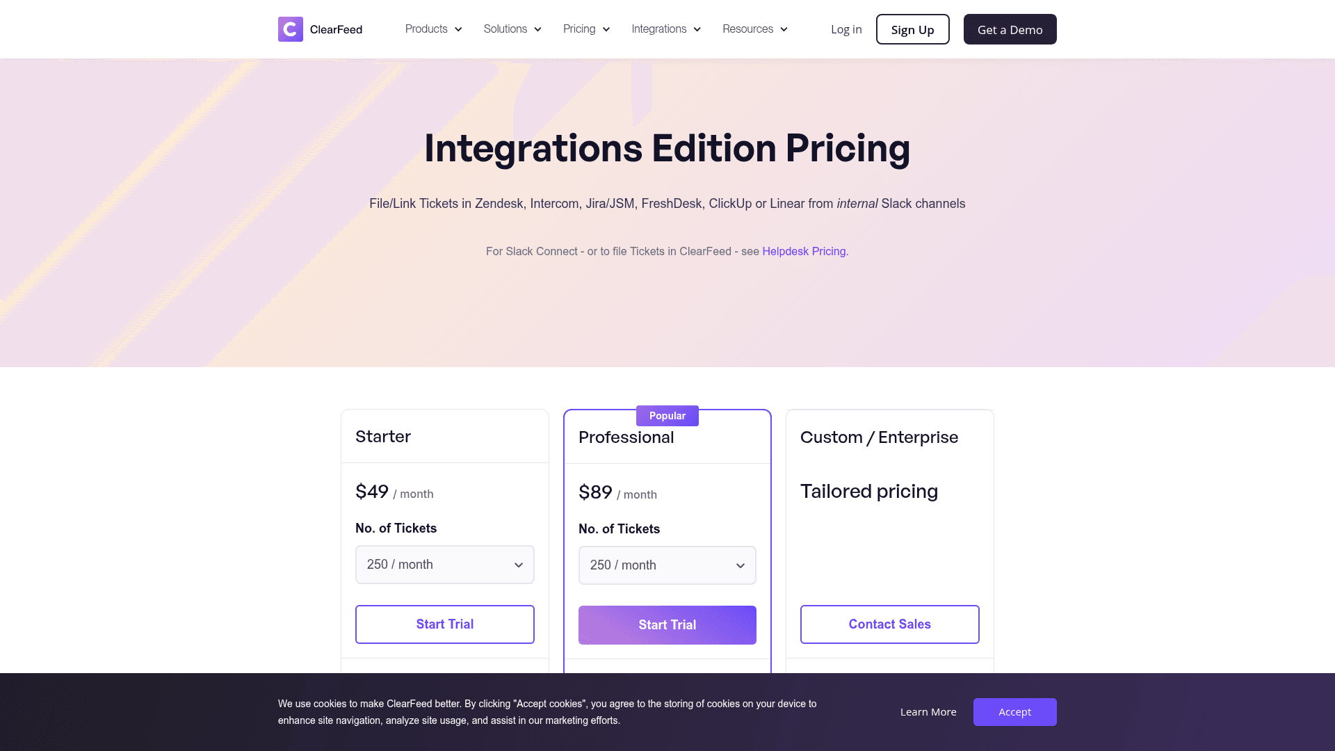 The Integrations Edition pricing page and its ticket-volume tiers, as taken from ClearFeed