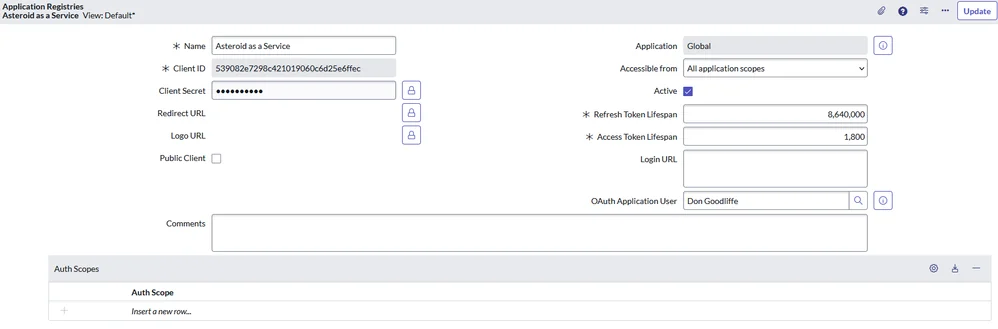 A ServiceNow OAuth Application Registry record with a client ID, masked client secret, access token lifespan of 1,800 seconds and an OAuth Application User set, as taken from ServiceNow Community