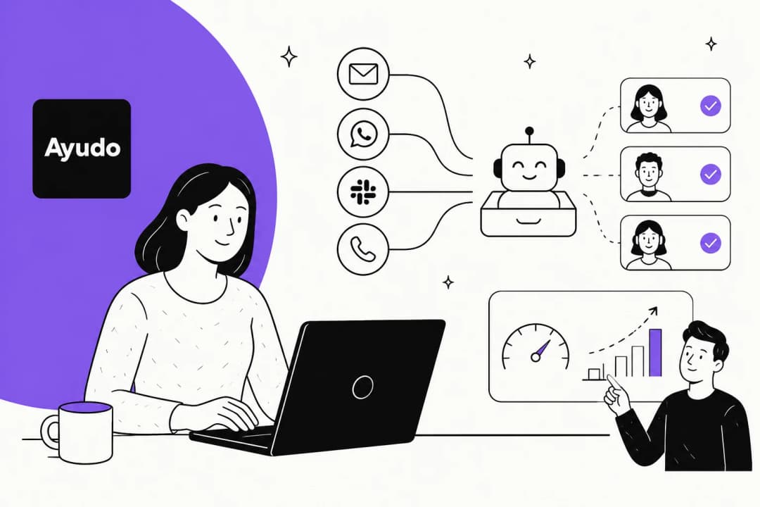 Illustration of support channels feeding an AI agent that routes conversations on to human agents, with a performance dashboard alongside