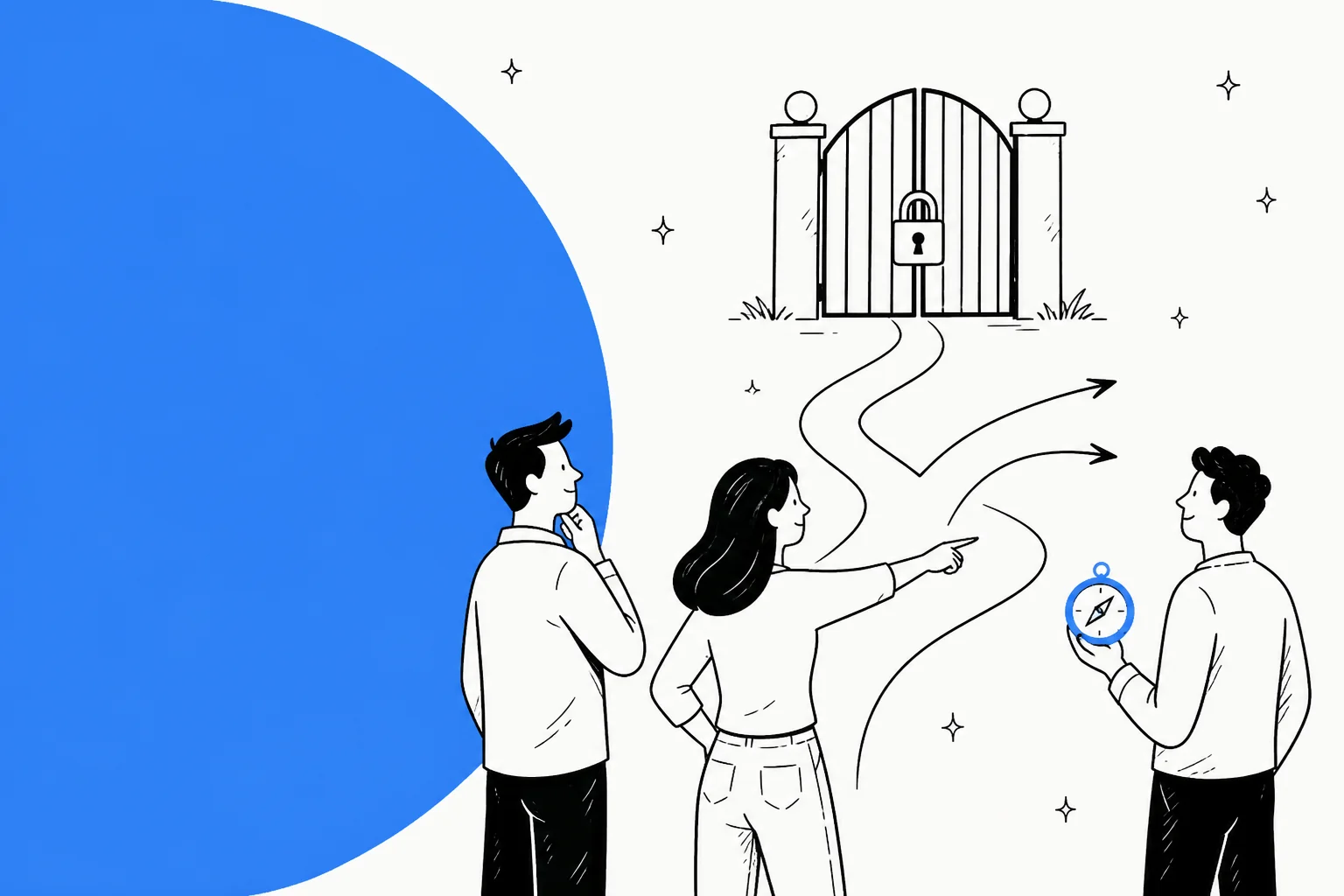Hand-drawn illustration of three people at a locked gate choosing between winding paths with a compass, for a guide to Gemini 4 Argon alternatives