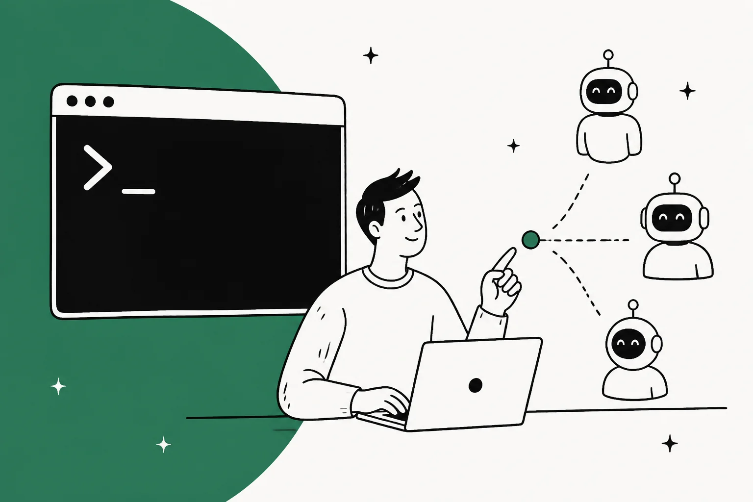 Illustrated hero banner for a guide on controlling AI agents from the command line, with a terminal window motif