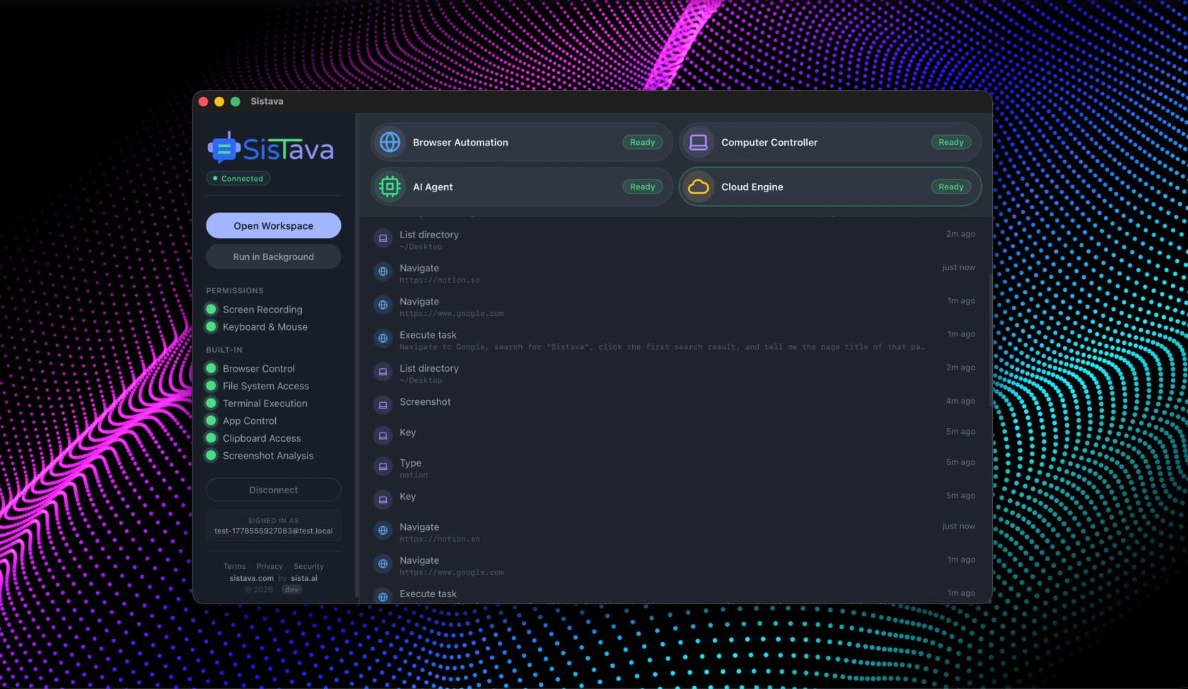 The Sistava desktop app showing browser automation, an AI agent, and an activity log