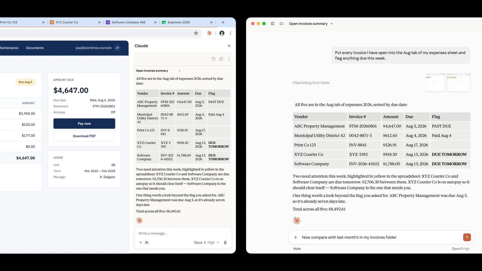 Claude in Chrome filling billing form fields across tabs on the left, and Cowork turning the open invoices into a formatted table on the right, as shown on Anthropic's Claude in Chrome page