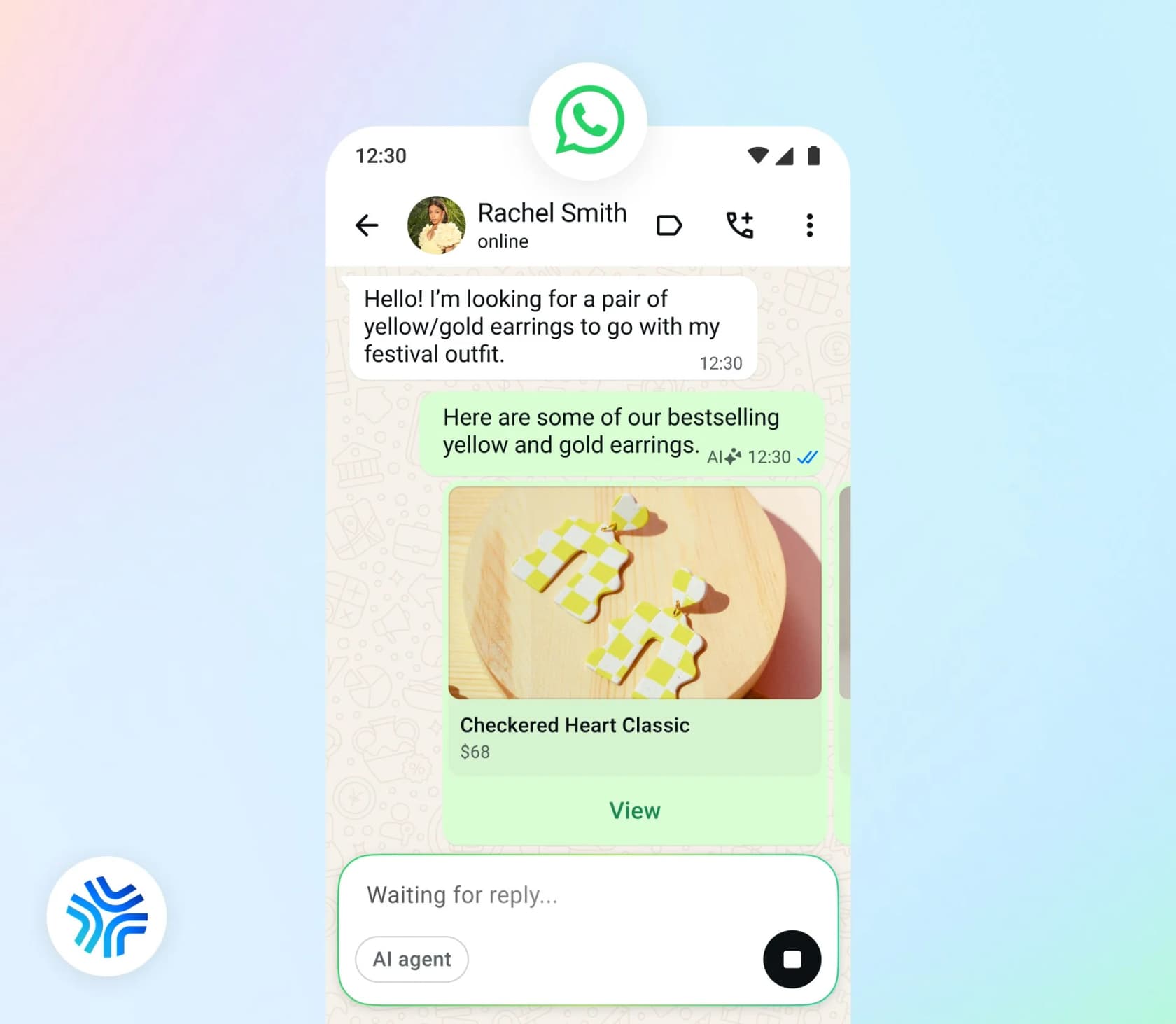 Meta Business Agent answering a WhatsApp shopper with bestselling earrings and a product card, marked with an AI label, as taken from Meta's launch post