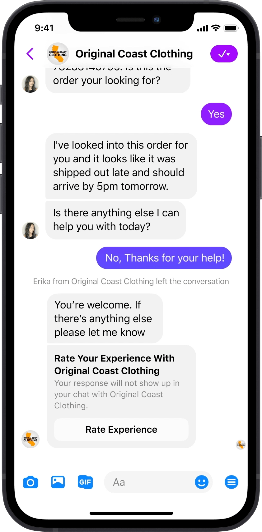 Messenger thread where a clothing store's support chat ends with a Rate Your Experience card from the Customer Feedback Template, as taken from Meta for Developers