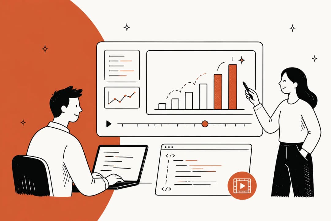 Hand-drawn illustration of a person at a laptop and a colleague presenting an animated bar chart with a video timeline and a code panel below it