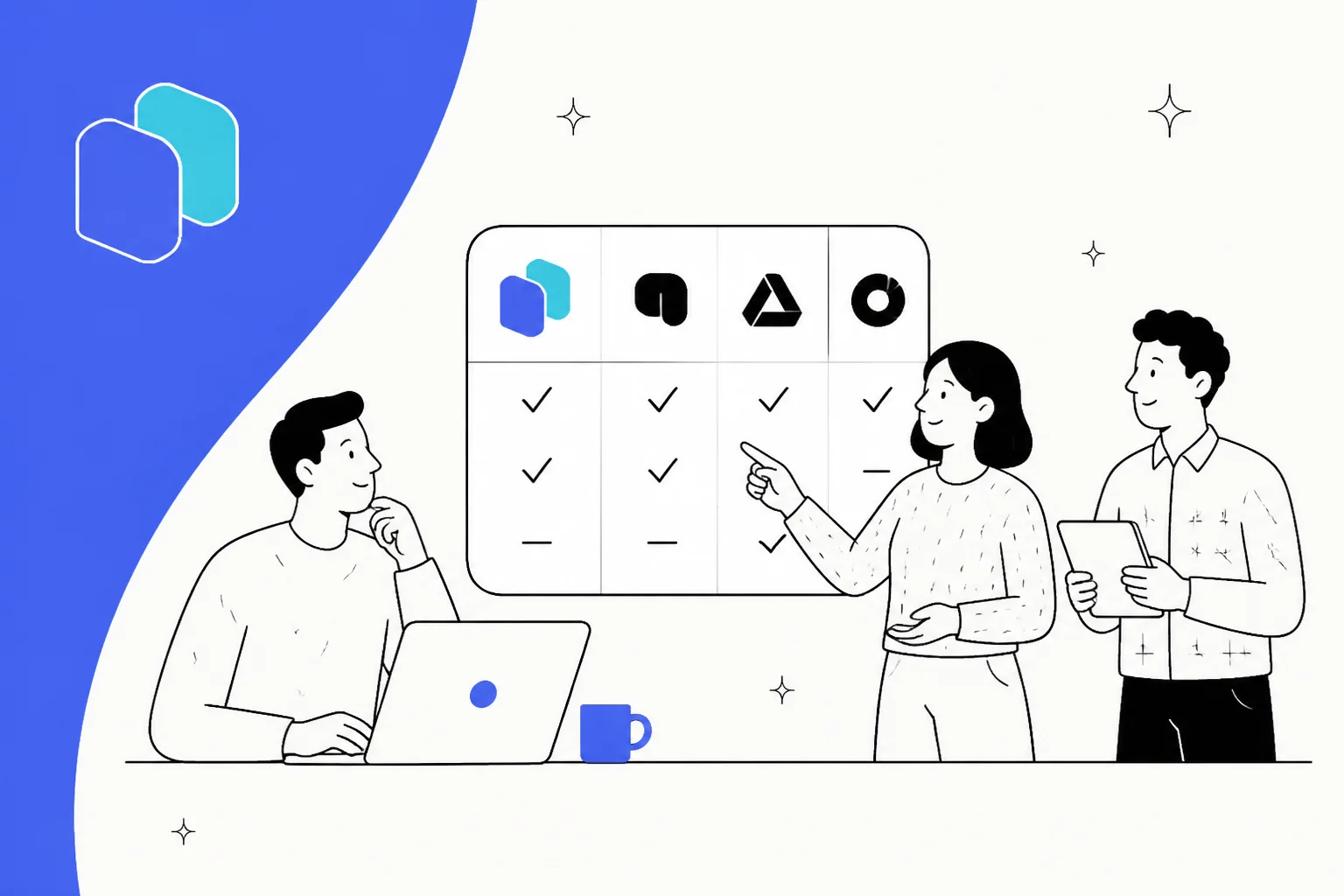 Illustration of an MSP team comparing service desk platforms on a wall chart