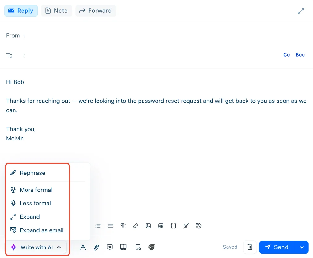 Freshdesk reply editor with the Write with AI menu open showing Rephrase, More formal, Less formal, Expand and Expand as email, as taken from Freshdesk's support site