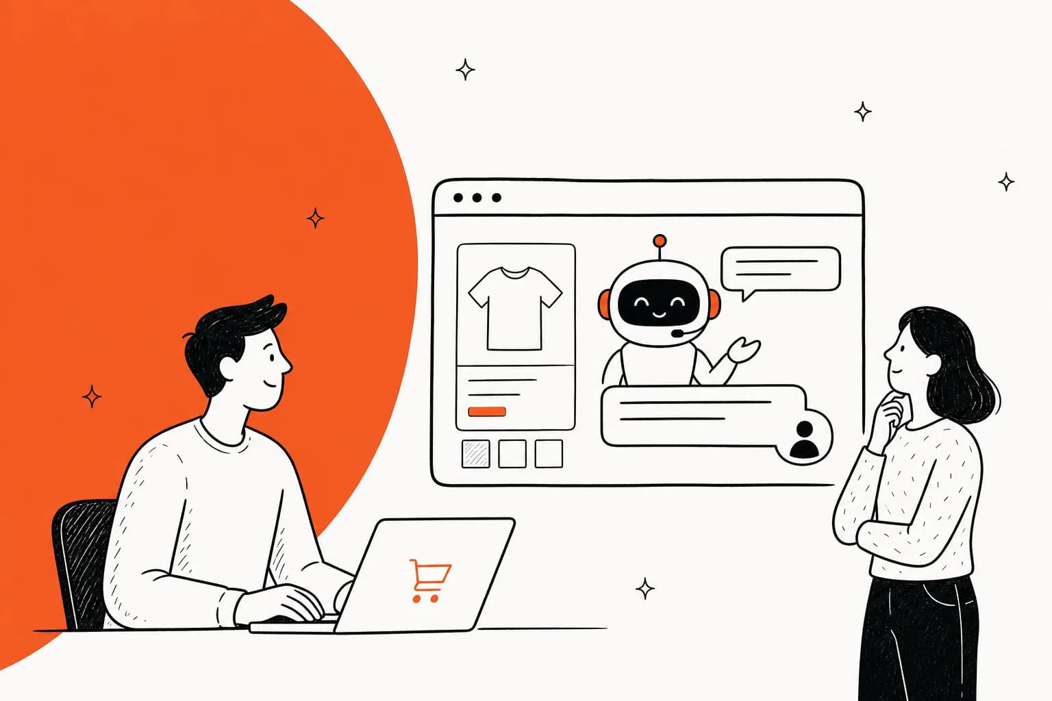 Illustriertes Banner für einen Leitfaden, wie man KI-Kundensupport zu einem Magento-Adobe-Commerce-Shop hinzufügt