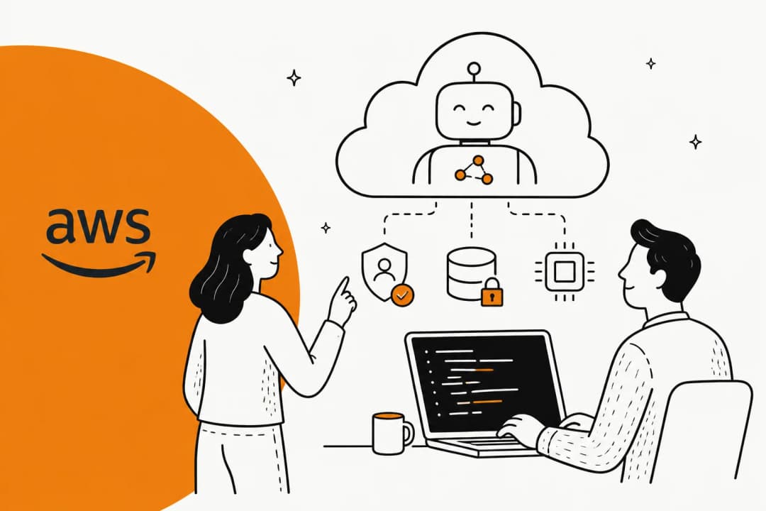 Hand-drawn illustration of two developers at a laptop below a cloud holding a friendly robot, connected to an identity shield, a locked database and a chip, with the AWS logo on an orange circle