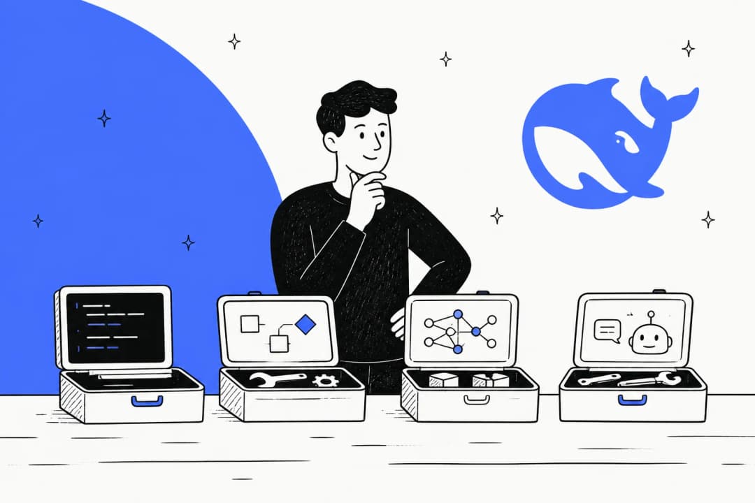 Hand-drawn banner of a developer weighing four open toolboxes of coding agent tools on a workbench, with the DeepSeek whale logo in the corner